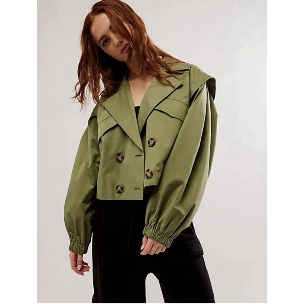 Free People Green Cropped Double Breasted Button Jacket Long Sleeve Womens XS